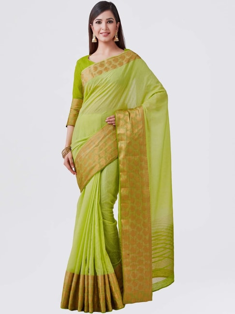 Mimosa Green Linen Kanchipuram Saree With Blouse Price in India