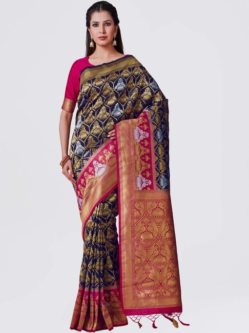 Mimosa Navy Woven Patola Saree With Blouse Price in India