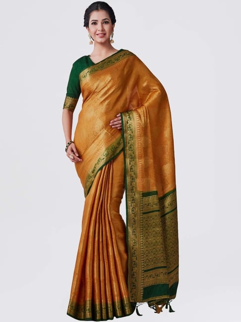Mimosa Golden Woven Kanchipuram Saree With Blouse Price in India