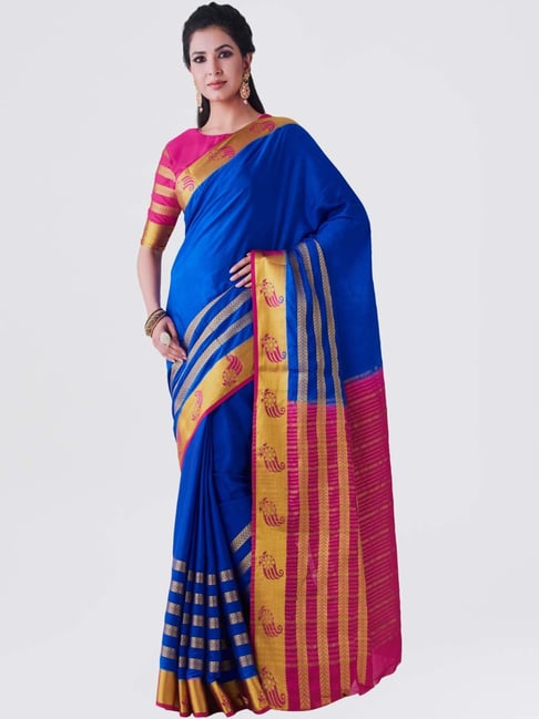 Mimosa Blue Woven Kanchipuram Saree With Blouse Price in India