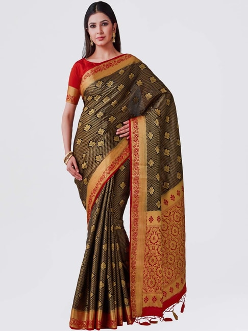 Mimosa Golden & Black Woven Kanchipuram Saree With Blouse Price in India