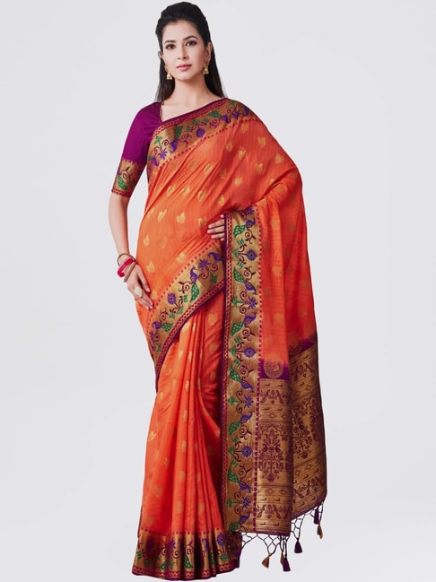 Mimosa Peach Woven Kanchipuram Saree With Blouse Price in India