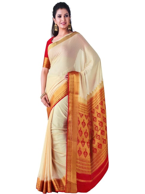 Mimosa Beige Woven Mysore Silk Saree With Blouse Price in India