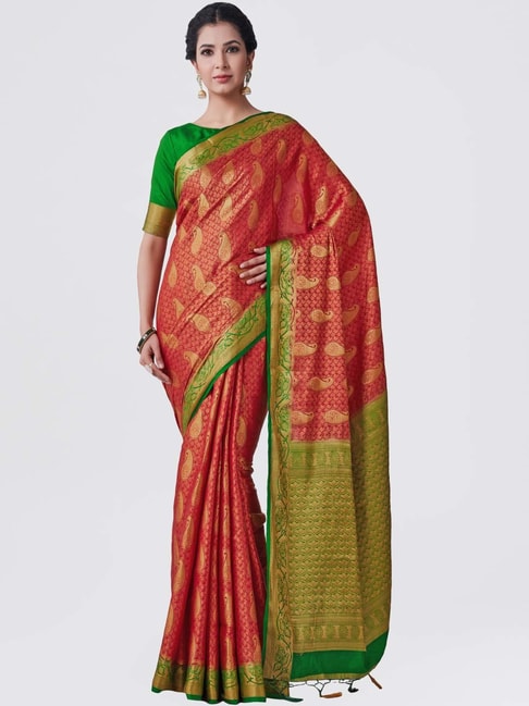 Mimosa Red Woven Kanchipuram Saree With Blouse Price in India