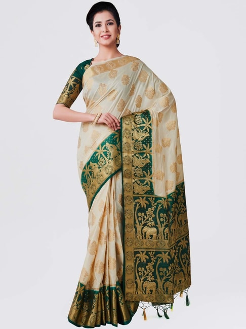 Mimosa Off-White Woven Kanchipuram Saree With Blouse Price in India