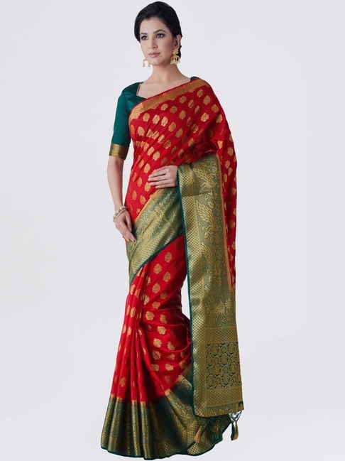 Mimosa Red Woven Kanchipuram Saree With Blouse Price in India