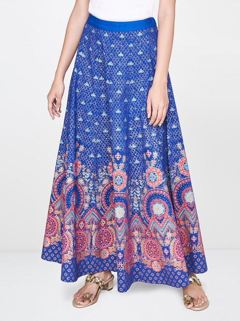 Global Desi Ink Blue Floral Print Skirt Price in India