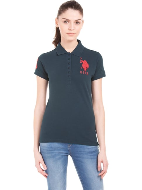 U.S. Polo Assn. Dark Teal Embroidered Polo Shirt Price in India