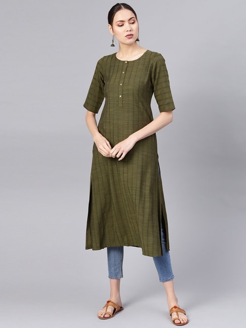 Jazzy Mehndi Green Colored Party Wear Printed Modal-Jacquard Long Kurti