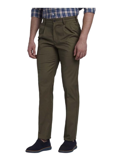Buy ColorPlus Olive Green Cotton Regular Fit Pleated Trousers Online at ...