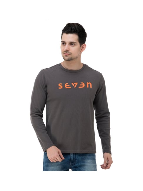 Seven By MS Dhoni Grey Logo Print T-Shirt