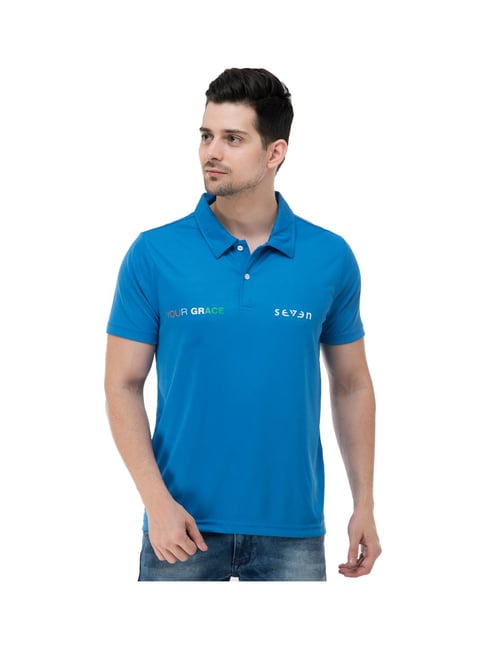 Buy Seven By MS Dhoni Blue Logo Print Polo T-Shirt from top Brands