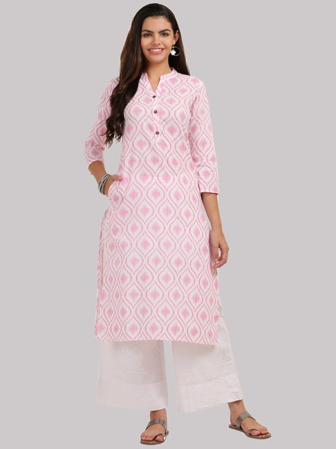 KSUT Off-White & Pink Cotton Printed Straight Kurti Price in India