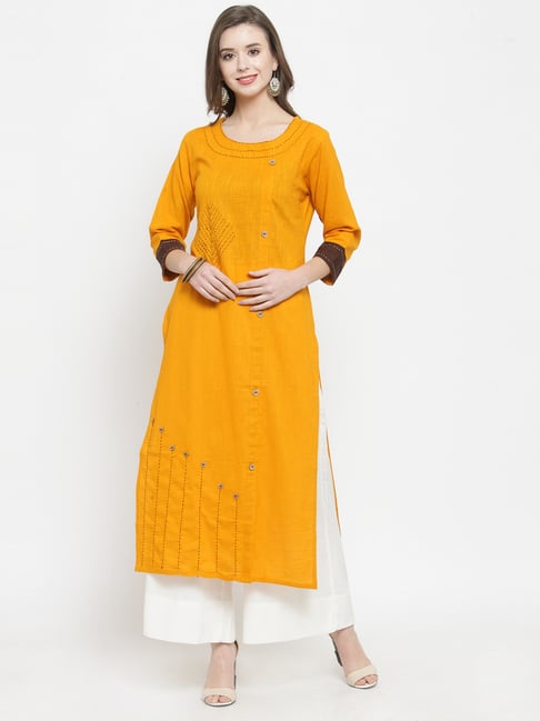 Buy KSUT Mustard Cotton Embroidered Straight Kurti for Women