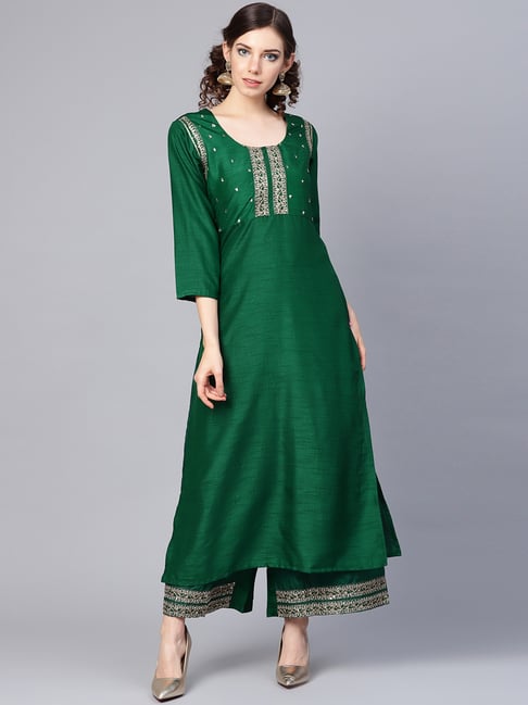 Varanga Green Embroidered Kurti Palazzo Set