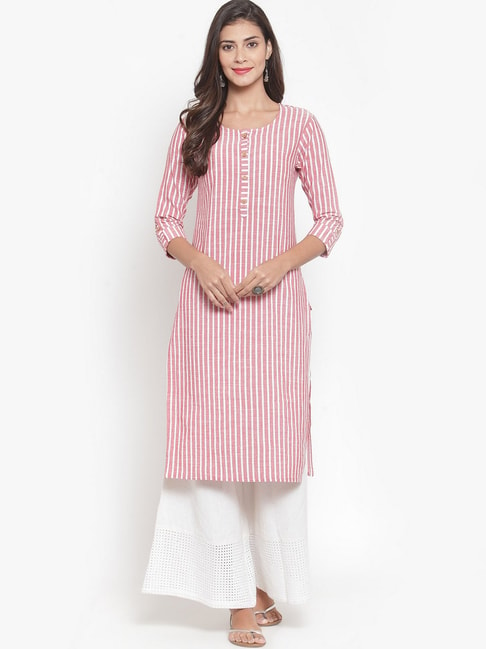 KSUT Pink & White Cotton Striped Straight Kurti Price in India