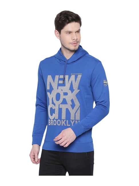 Mufti Royal Blue Cotton Slim Fit Printed Hooded T Shirt