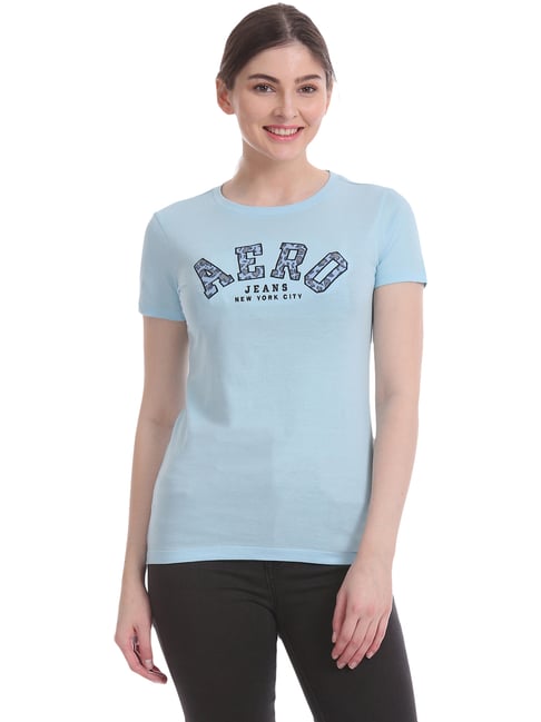 Aeropostale Sky Blue Cotton Printed T-Shirt