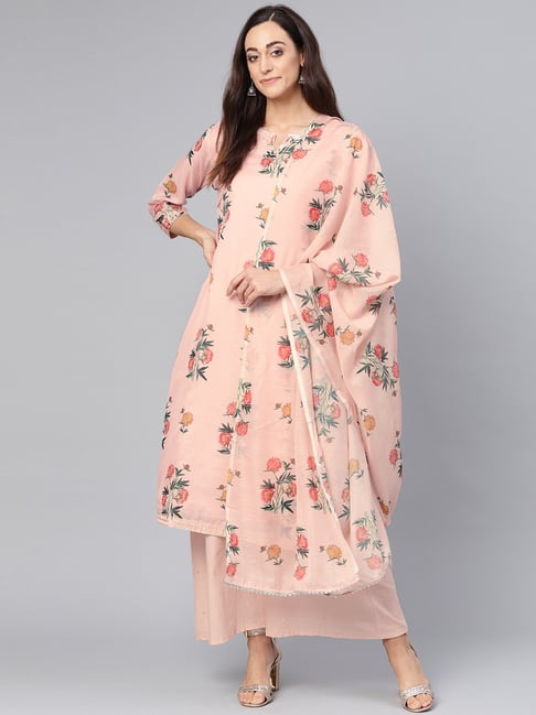 Ishin Blush Pink Cotton Floral Print Kurta Palazzo Set With Dupatta Price in India