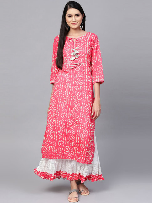 Ishin Pink & White Cotton Printed Kurta Skirt Set Price in India