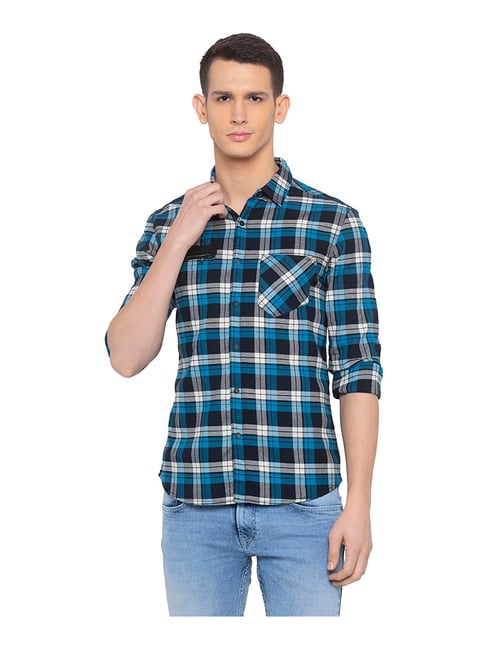 Spykar Blue Slim Fit Check Shirt