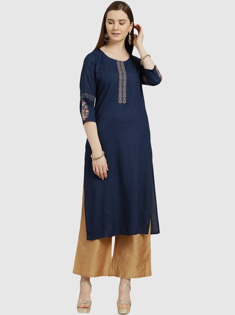 Jaipur Kurti Women's Blue embroidered straight kurta