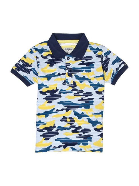 Pepe Jeans Kids Misted Yellow & Blue Cotton Printed Polo T-Shirt