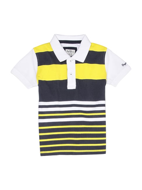 Pepe Jeans Kids Acid Yellow & Black Cotton Striped Polo T-Shirt