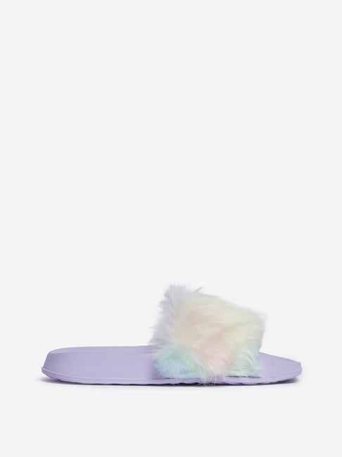 Buy Yellow Kids by Westside Lilac Rainbow Faux Fur Slides For Kids