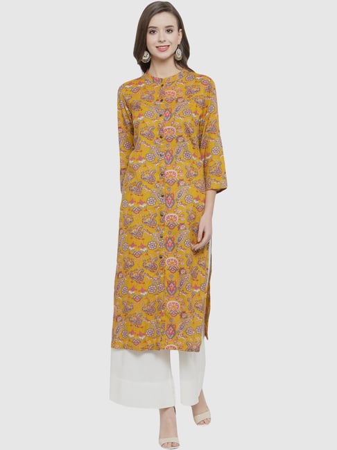 KSUT Mustard & White Floral Print Kurta Palazzo Set Price in India