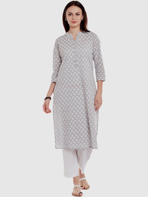 KSUT Grey & Off-White Cotton Printed Kurta Pant Set Price in India