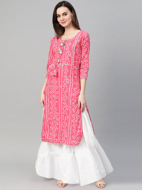 Ishin Pink Cotton Printed Straight Kurta Price in India