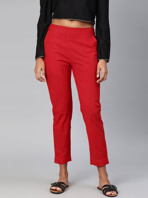 Jaipur Kurti Bottoms Pants and Trousers  Buy Jaipur Kurti Tomato Red Solid  Cotton Lycra Pant Online  Nykaa Fashion