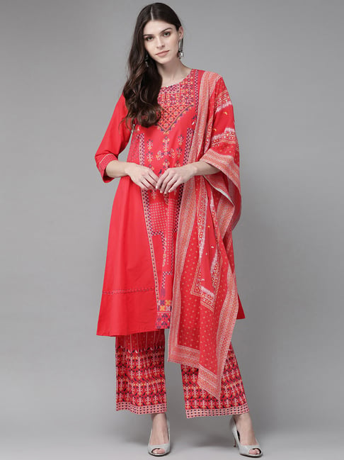 Juniper Red Cotton Printed Kurta Palazzo Set With Dupatta