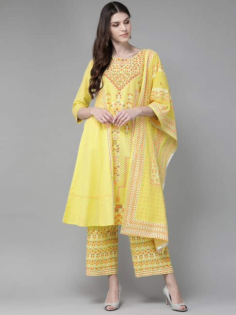 Juniper Yellow Cotton Printed Kurta Palazzo Set With Dupatta