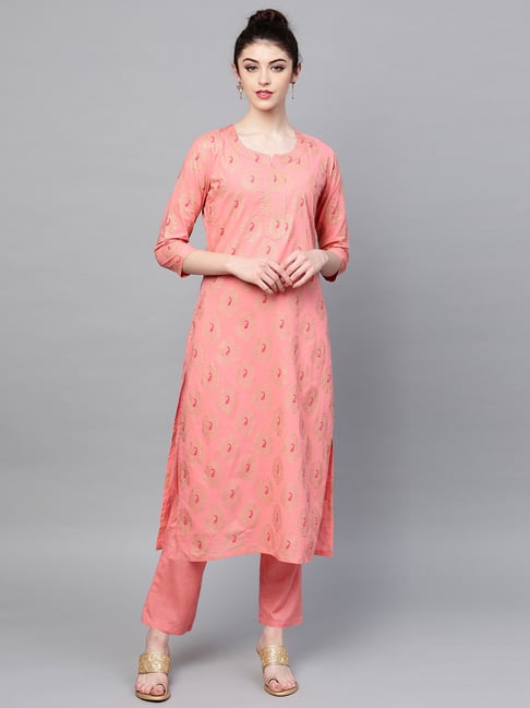 Ishin Blush Pink Cotton Printed Straight Kurta Price in India