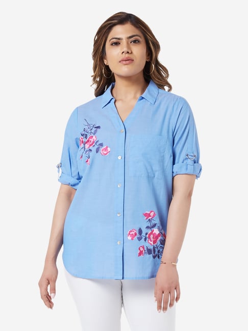 Gia Curve by Westside Blue Embroidered Bridget Casual Shirt