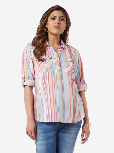 Gia Curve by Westside Light Pink Striped Casual Shirt