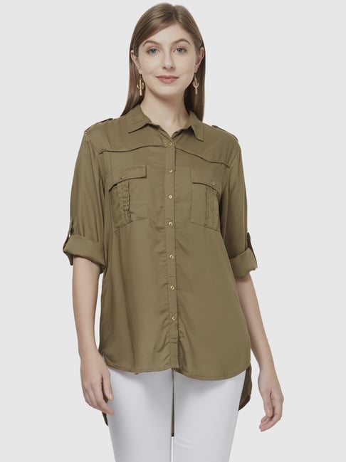 109 F Olive Green Regular Fit Shirt