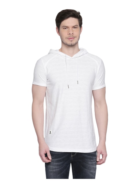 Buy Mufti White Slim Fit Self Pattern Hooded T-Shirt Online at Best