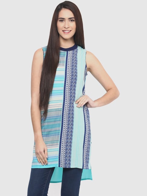 Fusion Beats Sky Blue Printed Tunic