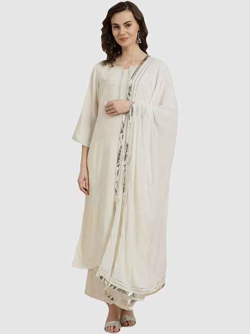 Jaipur Kurti Cream Embroidered Kurta Palazzo Set With Dupatta Price in India