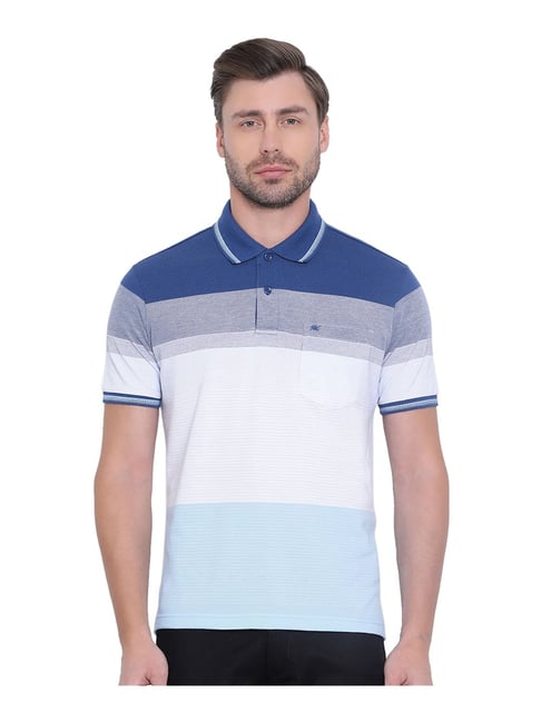 Buy Monte Carlo Blue Regular Fit Striped Polo T-shirt for Men
