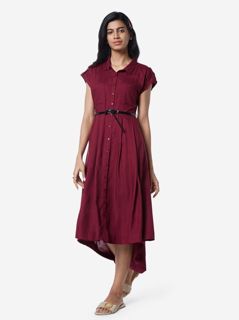 Buy LOV by Westside Burgundy High-Low Shirtdress With Belt for
