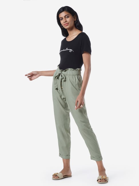 Vmeva High Waist Paperbag Trousers Green  Peat  Womens Veromoda Trousers   Leggings  Myapelmanis