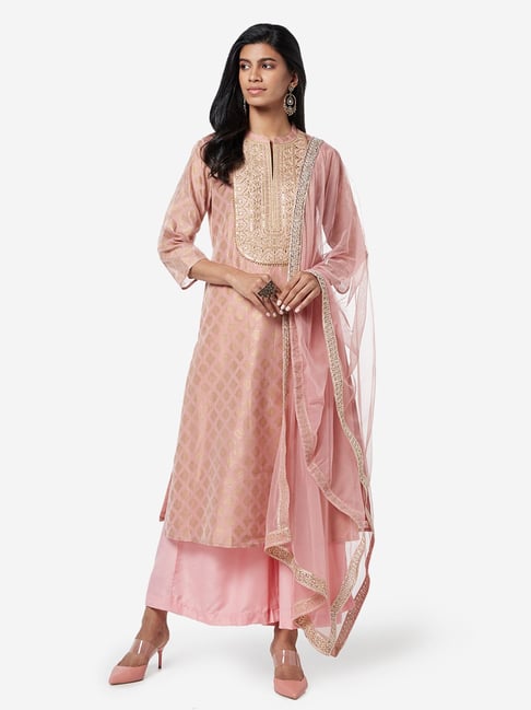 Vark by Westside Peach Kurta, Palazzos And Dupatta Set