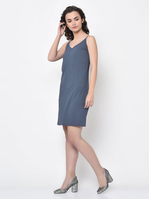 Buy Lela Stone Blue Knee Length Spaghetti Dress for Women Online