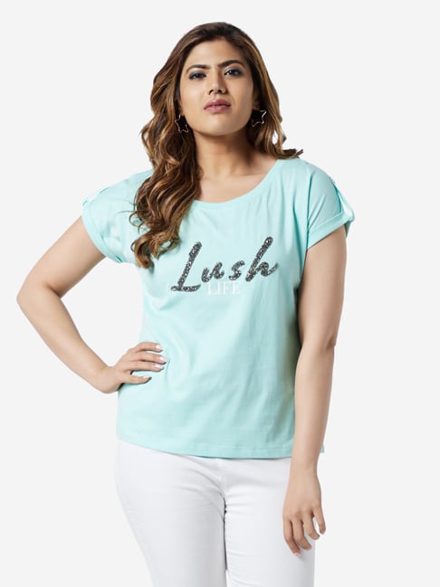 Sassy Soda Curve by Westside Turquoise Text Printed T-Shirt