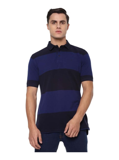 Van Heusen Sport Navy Cotton Regular Fit Striped Polo T-Shirt