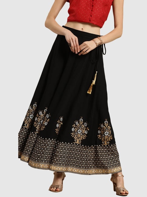 Varanga Black Golden Floral Print Skirt